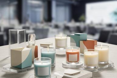 Velas personalizadas con colores corporativos sobre una mesa de presentación