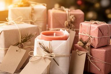 Velas aromáticas envueltas con papel especial para regalos de celebración